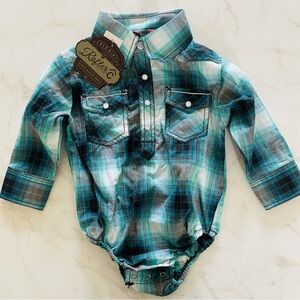 Rafter Size 12M Button Down Western Onesie Plaid Shirt in Blue and Teal Colors